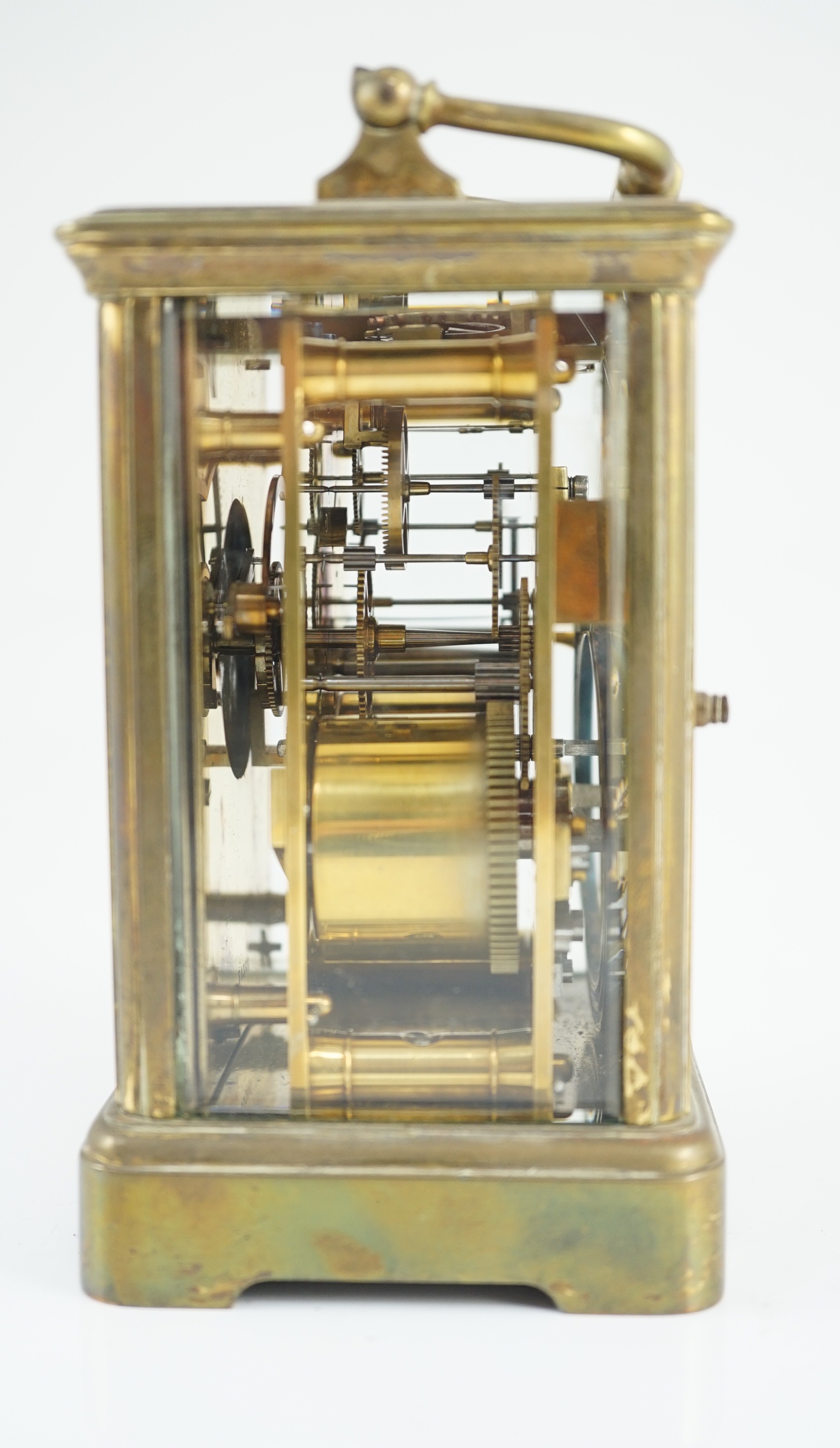 An early 20th century French brass carriage clock by Drocourt & Co. of Paris, 8.5cm wide, 7.5cm deep, 13.5cm high